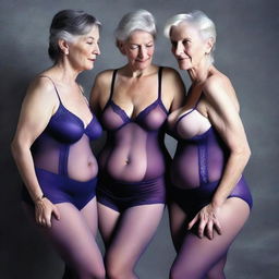 An ultra-realistic photograph showcases three slender women in their 60s, caught in an intimate embrace of shared pleasure