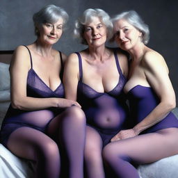 An ultra-realistic photograph showcases three slender women in their 60s, caught in an intimate embrace of shared pleasure