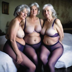 An ultra-realistic photograph showcases three slender women in their 60s, caught in an intimate embrace of shared pleasure