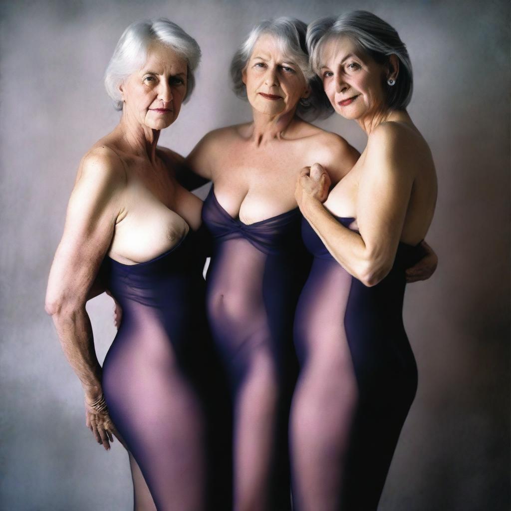 This is an ultra-realistic photograph that captures three slender women in their 60s, in the midst of an intimate embrace, their expressions radiating pleasure