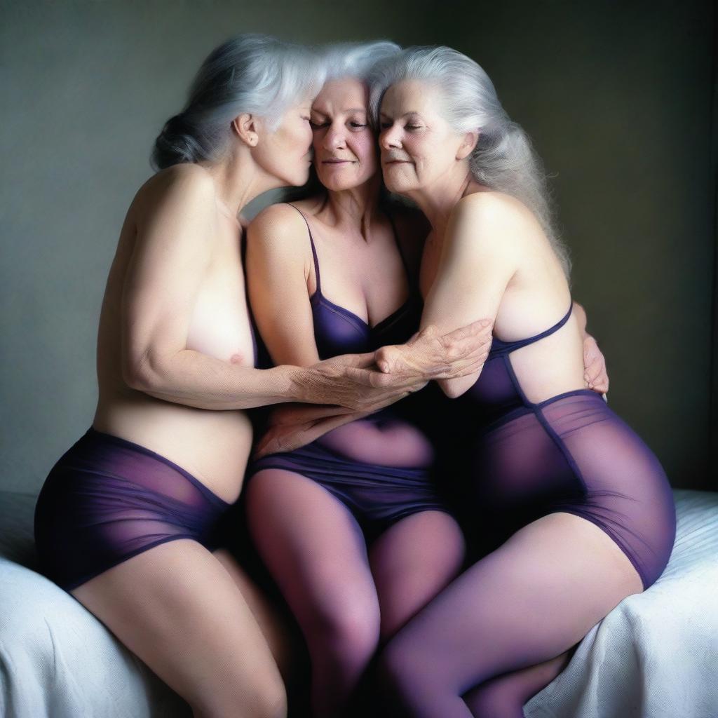 This is an ultra-realistic photograph that captures three slender women in their 60s, in the midst of an intimate embrace, their expressions radiating pleasure