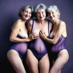 This is an ultra-realistic photograph that captures three slender women in their 60s, in the midst of an intimate embrace, their expressions radiating pleasure