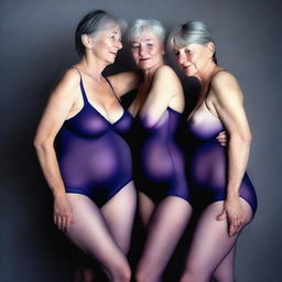 This is an ultra-realistic photograph that captures three slender women in their 60s, in the midst of an intimate embrace, their expressions radiating pleasure