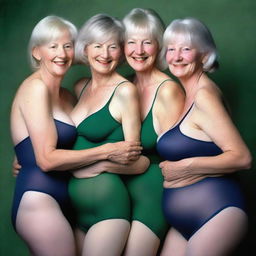 This ultra-realistic photograph captures three slender women in their 60s, locked in a warm embrace, their faces reflecting pure pleasure