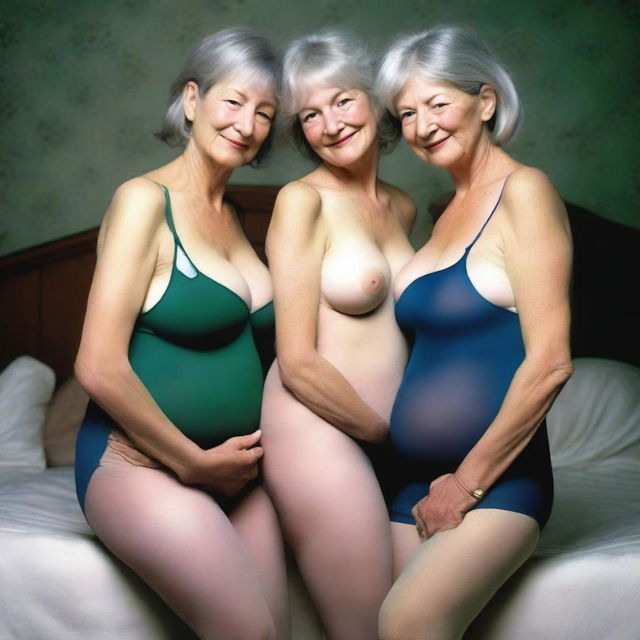 This ultra-realistic photograph captures three slender women in their 60s, locked in a warm embrace, their faces reflecting pure pleasure