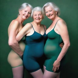 This ultra-realistic photograph captures three slender women in their 60s, locked in a warm embrace, their faces reflecting pure pleasure