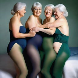 This ultra-realistic photograph captures three slender women in their 60s, locked in a warm embrace, their faces reflecting pure pleasure