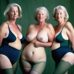 An ultra-realistic photograph portrays three slender 60-year-old women in a state of pleasure, their bodies intertwined in an embrace