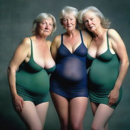 An ultra-realistic photograph portrays three slender 60-year-old women in a state of pleasure, their bodies intertwined in an embrace