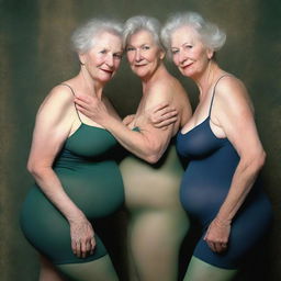 An ultra-realistic photograph portrays three slender 60-year-old women in a state of pleasure, their bodies intertwined in an embrace