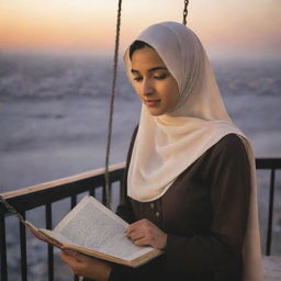 A young woman in a hijab, about 22 years old, sits on a swing on a balcony, deeply engrossed in the Urdu novel 'Jannat ke Pattay'. Only her eyes are visible over the book. The setting sun creates a picturesque backdrop