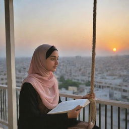 A young woman in a hijab, about 22 years old, sits on a swing on a balcony, deeply engrossed in the Urdu novel 'Jannat ke Pattay'. Only her eyes are visible over the book. The setting sun creates a picturesque backdrop