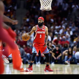 James Harden, positioned to shoot, but instead of a basketball, a brick is in his hands, with the bemused defender in front of him.