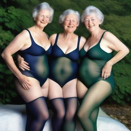 An ultra-realistic photograph depicts three slender women in their 70s, intertwined in an embrace, their expressions reflecting sheer pleasure