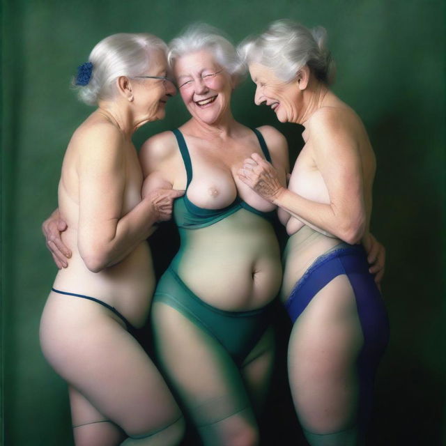 An ultra-realistic photograph depicts three slender women in their 70s, intertwined in an embrace, their expressions reflecting sheer pleasure