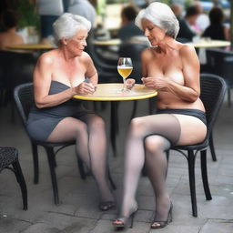 This ultra-realistic photograph captures two slender 50-year-old women sitting open-legged at an outdoor cafe