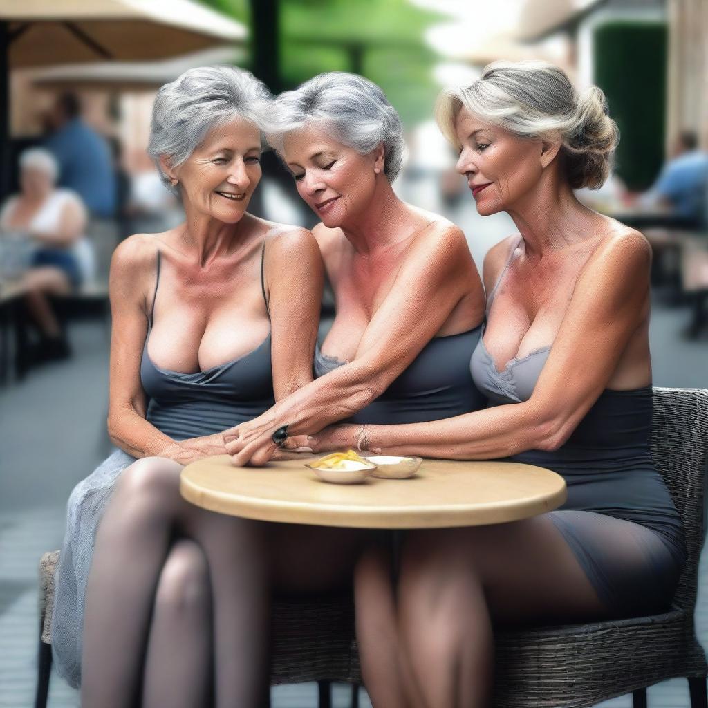 This ultra-realistic photograph captures two slender 50-year-old women sitting open-legged at an outdoor cafe