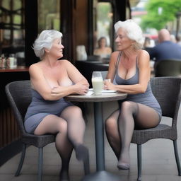 This ultra-realistic photograph captures two slender 50-year-old women sitting open-legged at an outdoor cafe