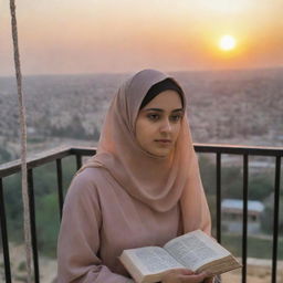 A young woman in a hijab, about 22 years old, sits on a swing on a balcony, deeply engrossed in the Urdu novel 'Jannat ke Pattay'. Only her eyes are visible over the book. The setting sun creates a picturesque backdrop