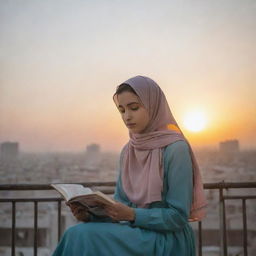 A young woman in a hijab, about 22 years old, sits on a swing on a balcony, deeply engrossed in the Urdu novel 'Jannat ke Pattay'. Only her eyes are visible over the book. The setting sun creates a picturesque backdrop