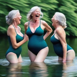 An ultra-realistic photograph captures three slender women in their 50s in a moment of pure pleasure