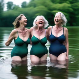 An ultra-realistic photograph captures three slender women in their 50s in a moment of pure pleasure