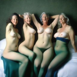 An ultra-realistic photograph captures three slender women in their 50s, in a state of pure pleasure, rolling on a bed with their legs in the air