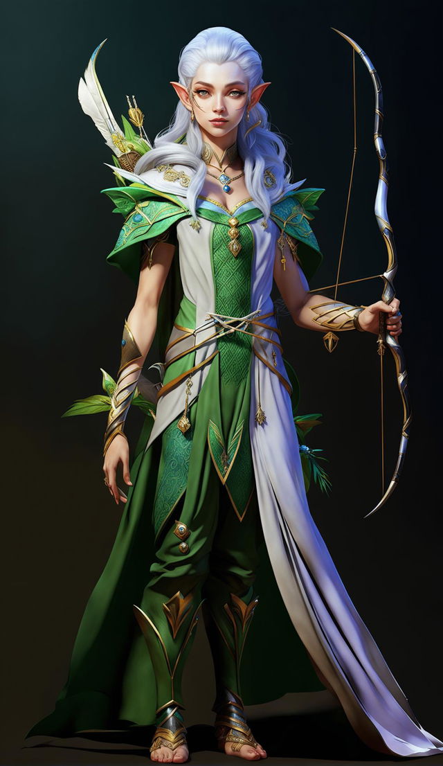 A detailed, full-body digital art of a noble elf character designed for a video game