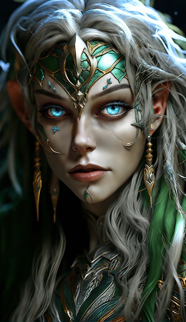 A close-up digital art of the noble elf character from the video game, focusing on the face and the top part of their attire