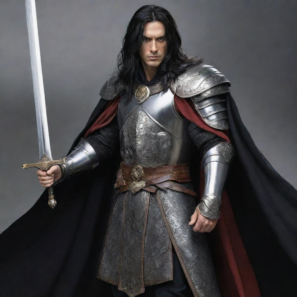 A noble king with lengthy black hair, attired in battle gear with a cloak, possessing a formidable sword.