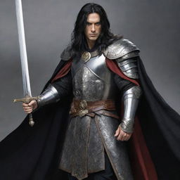 A noble king with lengthy black hair, attired in battle gear with a cloak, possessing a formidable sword.