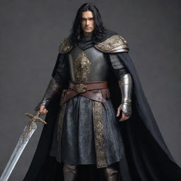 A noble king with lengthy black hair, attired in battle gear with a cloak, possessing a formidable sword.