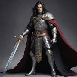 A noble king with lengthy black hair, attired in battle gear with a cloak, possessing a formidable sword.