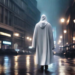 A high-quality digital art image featuring a wizard in a white robe navigating through a modern city during a rainy night