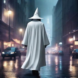 A high-quality digital art image featuring a wizard in a white robe navigating through a modern city during a rainy night