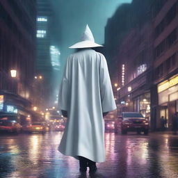 A high-quality digital art image featuring a wizard in a white robe navigating through a modern city during a rainy night