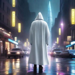 A high-quality digital art image featuring a wizard in a white robe navigating through a modern city during a rainy night