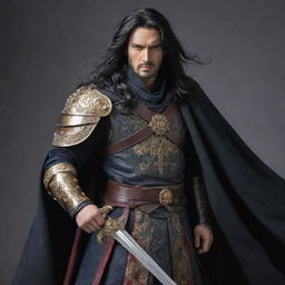 A noble king with lengthy black hair, attired in battle gear with a cloak, possessing a formidable sword.