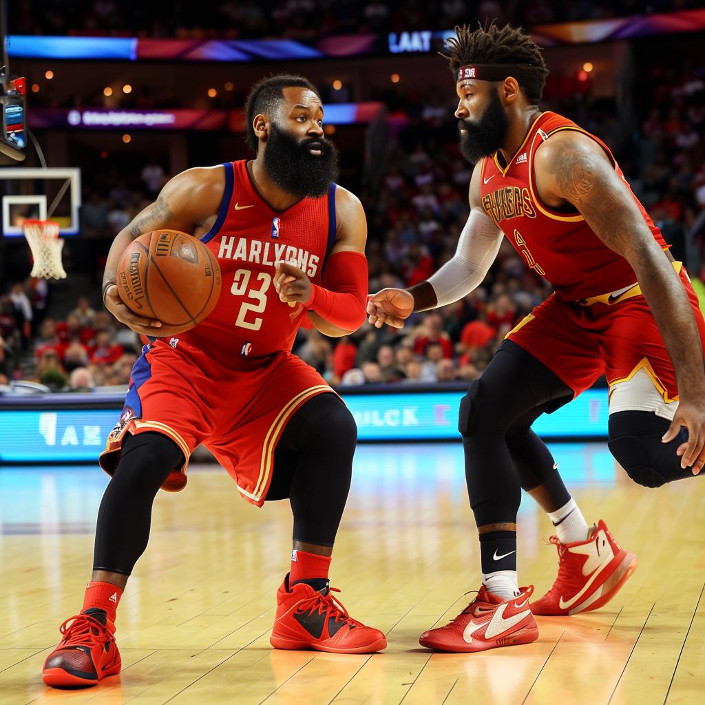 James Harden, positioned to shoot, but instead of a basketball, a brick is in his hands, with the bemused defender in front of him.