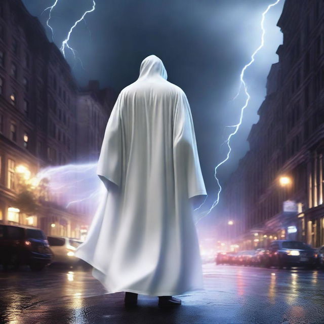 This is a high-quality digital art image depicting a wizard in a white robe navigating through a modern city during a tempestuous night