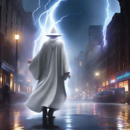 This is a high-quality digital art image depicting a wizard in a white robe navigating through a modern city during a tempestuous night