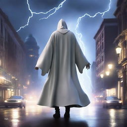 This is a high-quality digital art image depicting a wizard in a white robe navigating through a modern city during a tempestuous night