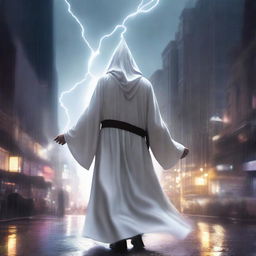 This is a high-quality digital art image depicting a wizard in a white robe navigating through a modern city during a tempestuous night