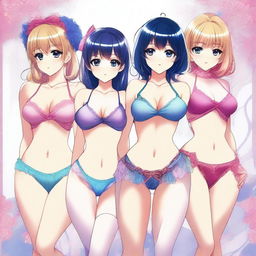 A high-quality digital art image depicting anime-style girls in tasteful lingerie