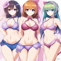 A high-quality digital art image depicting anime-style girls in tasteful lingerie