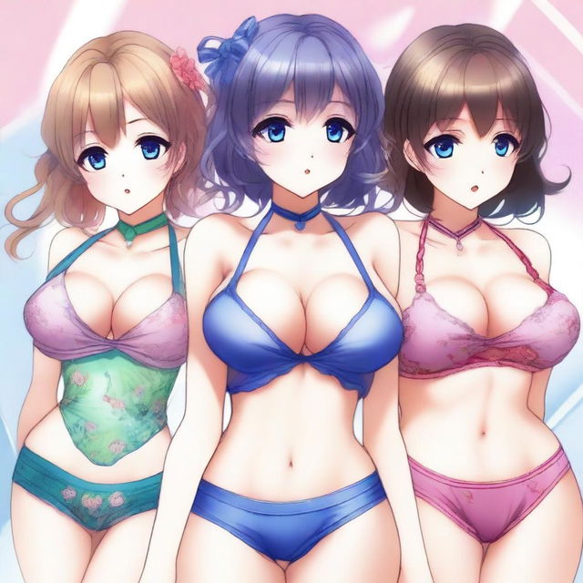 A high-quality digital art image depicting anime-style girls in tasteful lingerie