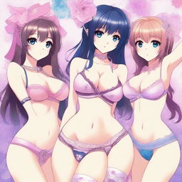 A high-quality digital art image depicting anime-style girls in tasteful lingerie