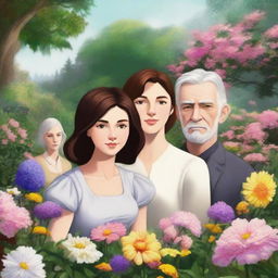 This is a high-quality digital painting showcasing a lush garden filled with an array of flowers