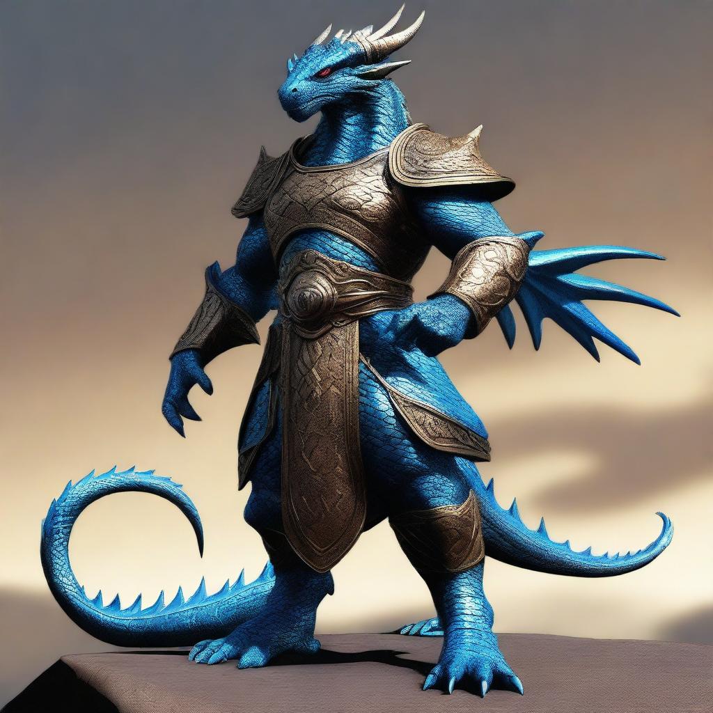 An image of a majestic bronze blue Dragonborn standing tall