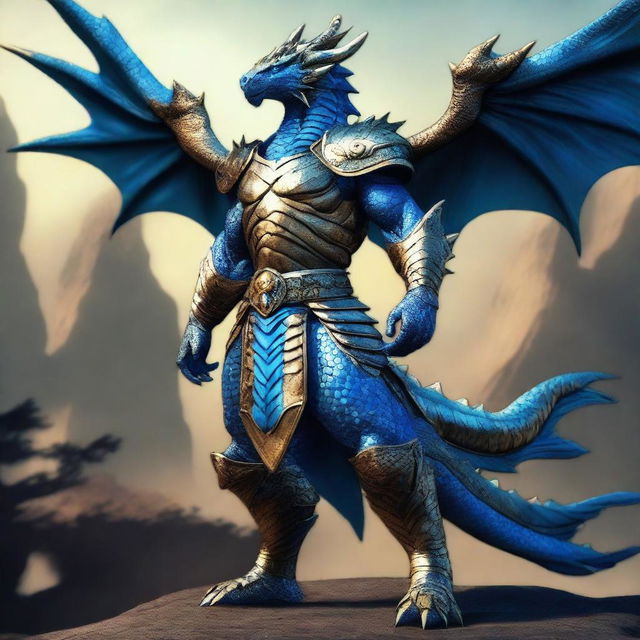 An image of a majestic bronze blue Dragonborn standing tall